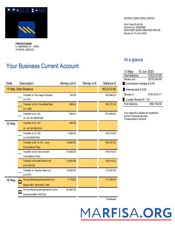 Printable Piraeus Bank Business statement Word and PDF template